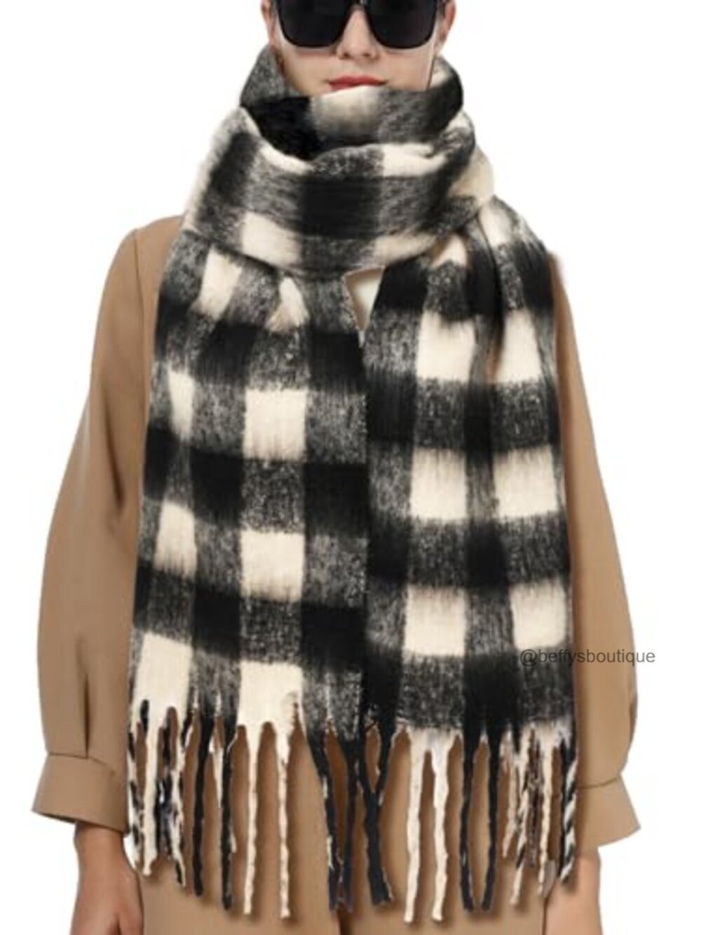 Oversized Plaid Blanket Scarf with Fringe, Thick Acrylic Winter Wrap
